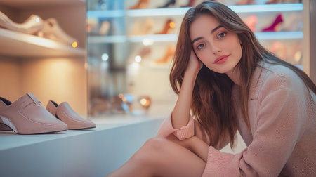 A stylish woman posing in a boutique store, trying on a pair of luxury designer shoes, with other fashion items in the background, highlighting high-end fashion trends.の素材
