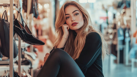 A stylish woman posing in a boutique store, trying on a pair of luxury designer shoes, with other fashion items in the background, highlighting high-end fashion trends.の素材