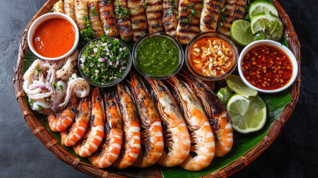 A vibrant Thai seafood platter featuring grilled fish, prawns, and calamari with a variety of dipping sauces, arranged artistically on a large serving dish.の素材