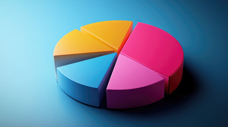 A visually striking image of a 3D pie chart with segments popping out and a sleek, professional design, perfect for reports, presentations, or data analysis.の素材