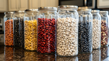 A vibrant assortment of dried beans in different colors and patterns, including red, white, and black beans, arranged in clear glass jars on a kitchen counter.の素材