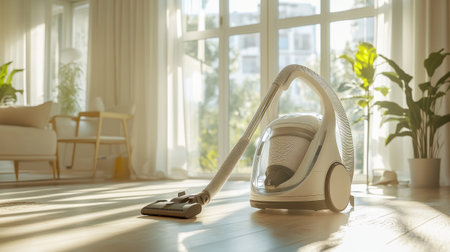 A vacuum cleaner with a HEPA filter in a bright, clean room, emphasizing its role in improving indoor air quality and capturing fine dust and allergens.の素材