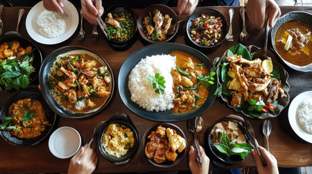 A traditional Thai feast with a variety of dishes such as Massaman Curry, Thai basil chicken, and Pad See Ew, served on a large table with family-style presentation.の素材