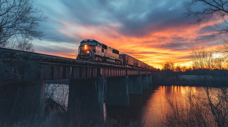 A tranquil evening scene of a train crossing a rural bridge with sunset colors in the background, capturing the serene beauty of rail travel at dusk.の素材