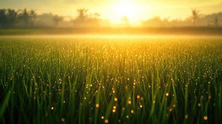 A vibrant photo of a rice field with early morning dew on the rice stalks, with mist rising above the field and a soft, golden light illuminating the scene.の素材