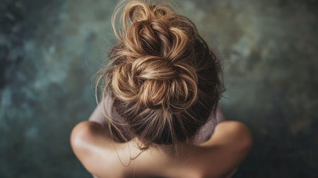 A top-down view of a woman with a messy, textured bun, creating a casual and effortless hairstyle, with loose strands adding to the relaxed vibe.の素材