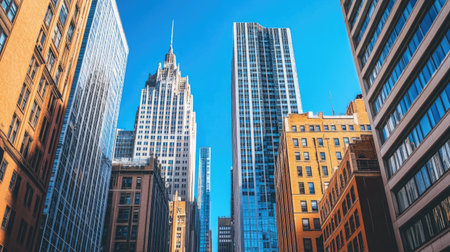 A vibrant city center during the day with a focus on the unique architectural designs of the tallest buildings, contrasting with the clear blue sky above.の素材