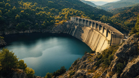 A view from the top of a dam looking down into the reservoir below, with the surrounding landscape and the dam structure providing a dramatic perspective.の素材