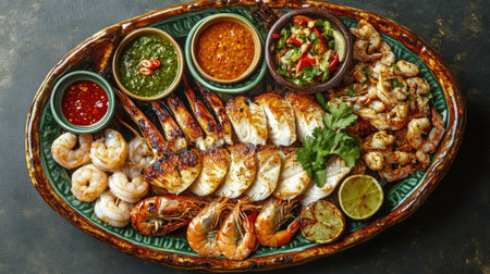 A vibrant Thai seafood platter featuring grilled fish, prawns, and calamari with a variety of dipping sauces, arranged artistically on a large serving dish.の素材