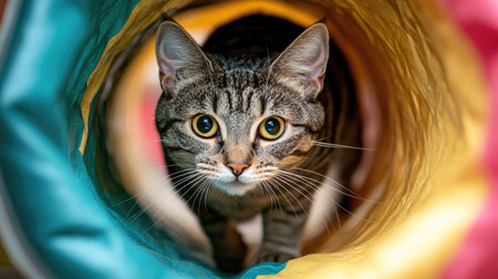 A whimsical photo of a cat darting through a tunnel toy, with a look of excitement on its face and the tunnel creating a fun and interactive play environment.の素材