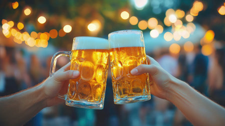 A pair of hands clinking beer mugs together in a celebratory gesture, with a blurred background of a lively party or festival scene.の素材