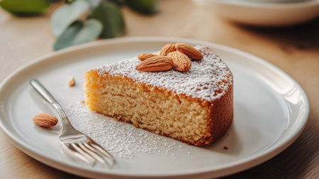 A delicious almond cake with a sprinkle of whole almonds on top, served on a white plate with a fork, set against a clean, elegant dining settingの素材