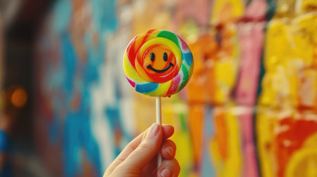 A hand holding a brightly colored lollipop with a smiley face, emphasizing the fun and playful aspect of the candy in a lively setting.の素材