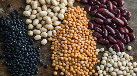 A close-up of a variety of beans spread out on a wooden surface, showcasing different shapes, sizes, and colors including kidney beans, black beans, and chickpeas.の素材
