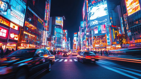 A bustling city street illuminated by bright neon lights and street lamps, with cars moving and pedestrians walking along the sidewalks on a lively night.の素材