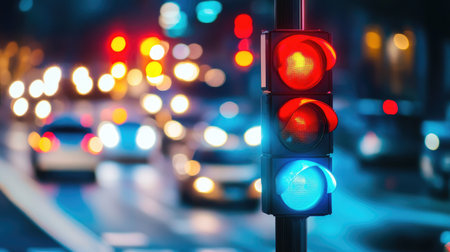 A modern traffic light with LED displays on a busy street, highlighting the advanced technology used in contemporary traffic management systems.の素材