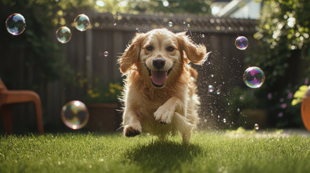A playful scene of a dog chasing after bubbles in a backyard, with the dog happy expression and the bubbles capturing the fun of outdoor play.の素材