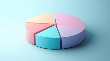 A side view of a 3D pie chart with segment rotation and a gradient color scheme, illustrating data proportions in a visually engaging manner.の素材