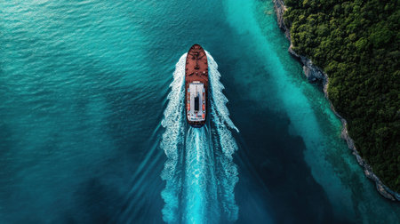 An aerial view of a large ship traveling through turquoise waters, leaving a wide wake behind as it moves steadily toward the open sea, surrounded by untouched nature.の素材