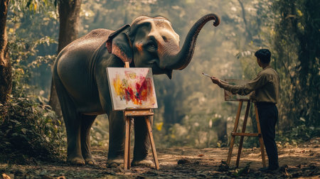 An elephant holding a paintbrush with its trunk, gently applying colors to a canvas set on an easel, with a trainer guiding nearby in a lush forest setting.の素材