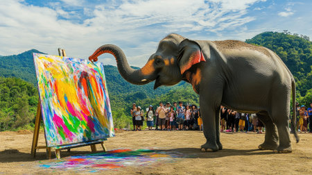 An elephant creating a beautiful abstract painting, with vivid splashes of color on the canvas, while a group of tourists watches in awe from the background.の素材