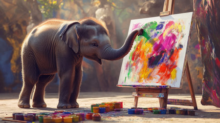 A young elephant concentrating on a colorful painting, using its trunk to add fine details on a canvas, with bright paints and brushes scattered around.の素材