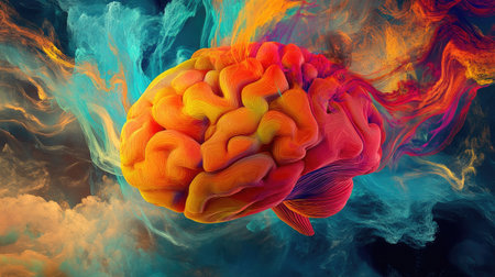 An abstract representation of a brain with vibrant, swirling colors and shapes, illustrating the flow of innovative ideas and creative thinking.の素材