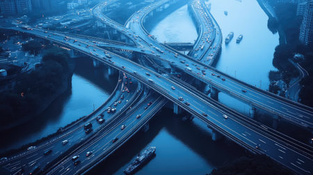 An aerial view of a network of bridges crossing a river, with busy traffic and boats navigating below, illustrating the connectivity and functionality of the area.の素材
