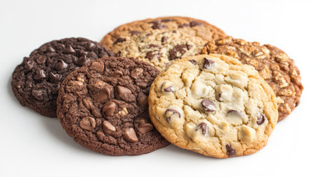An assortment of cookies including chocolate chip, oatmeal raisin, and sugar cookies, artfully displayed on a white background, showcasing their variety.の素材