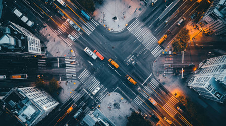 An aerial view of a major intersection with multiple lanes, traffic lights, and vehicles moving in different directions, illustrating complex traffic patterns.の素材
