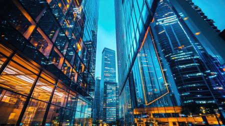 An evening cityscape with illuminated skyscrapers and office buildings, with vibrant lights reflecting off glass facades and a bustling street scene below.の素材