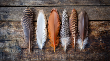 An elegant arrangement of feathers in shades of brown and white, placed on a rustic wooden surface, evoking a sense of nature and tranquility.の素材