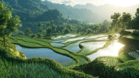 An image of a rice field with waterlogged terraces, reflecting the sunlight and surrounded by lush greenery, capturing the tranquility of rural farming life.の素材