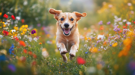 An endearing photo of a dog running through a field of colorful wildflowers, with its joyful expression and the vibrant scenery creating a lively atmosphereの素材