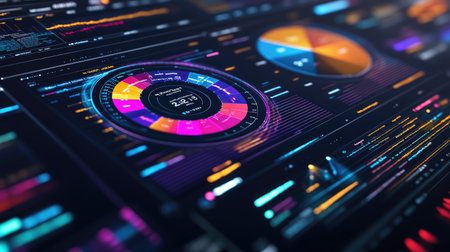 An overview of multiple 3D pie charts displayed on a digital dashboard, each representing different data sets and comparisons for comprehensive analysis.の素材
