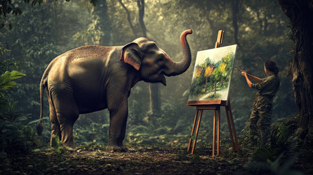 An elephant holding a paintbrush with its trunk, gently applying colors to a canvas set on an easel, with a trainer guiding nearby in a lush forest setting.の素材
