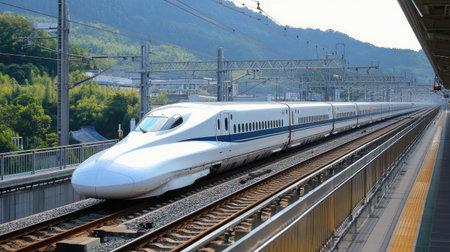 An image of a high-speed bullet train on a dedicated track, showcasing advanced technology and speed in modern railway systems.の素材