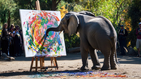 An elephant creating a beautiful abstract painting, with vivid splashes of color on the canvas, while a group of tourists watches in awe from the background.の素材