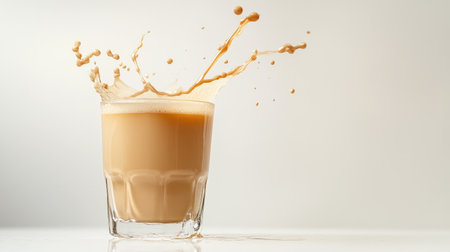 An artistic shot of a milk tea drink with a splash of tea or milk, capturing the dynamic motion and textures of the beverage against a clean, white backdrop.の素材