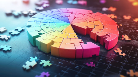 3D pie chart made of puzzle pieces, with each piece slightly lifted, symbolizing data integrationの素材