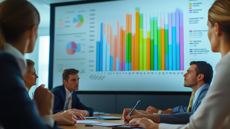Business team analyzing a colorful bar graph projected on a large office screen, focus on the graphの素材