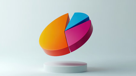 3D pie chart with vibrant segments floating in mid-air, set against a white minimalist backgroundの素材