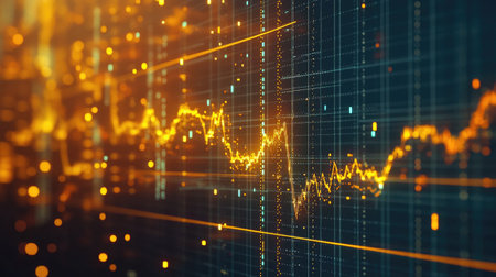 Close-up of a digital screen displaying a gold price chart with fluctuating lines and data points, reflecting market trendsの素材