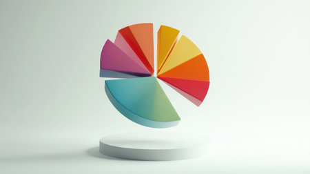 3D pie chart with vibrant segments floating in mid-air, set against a white minimalist backgroundの素材