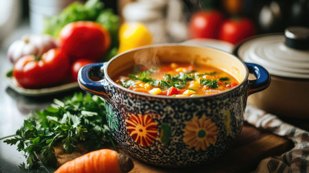 Close-up of a colorful enameled pot with a simmering stew, set on a kitchen counter with fresh vegetables aroundの素材