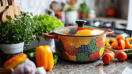 Close-up of a colorful enameled pot with a simmering stew, set on a kitchen counter with fresh vegetables aroundの素材