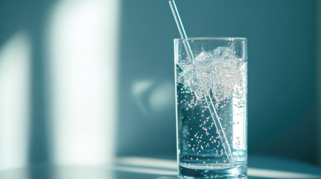 Close-up of a tall glass of water with a straw and a reflection on the surfaceの素材