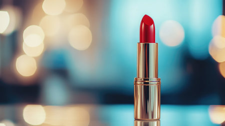 Close-up of a vibrant red lipstick with its bullet partially exposed, placed on a sleek vanity with a soft-focus backgroundの素材