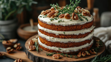 Close-up of a layered carrot cake with cream cheese frosting, decorated with nuts and fresh herbs, on a rustic wooden boardの素材