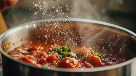 Close-up of bubbling tomato sauce in a pot, with fresh herbs being sprinkled in, warm and cozy kitchenの素材